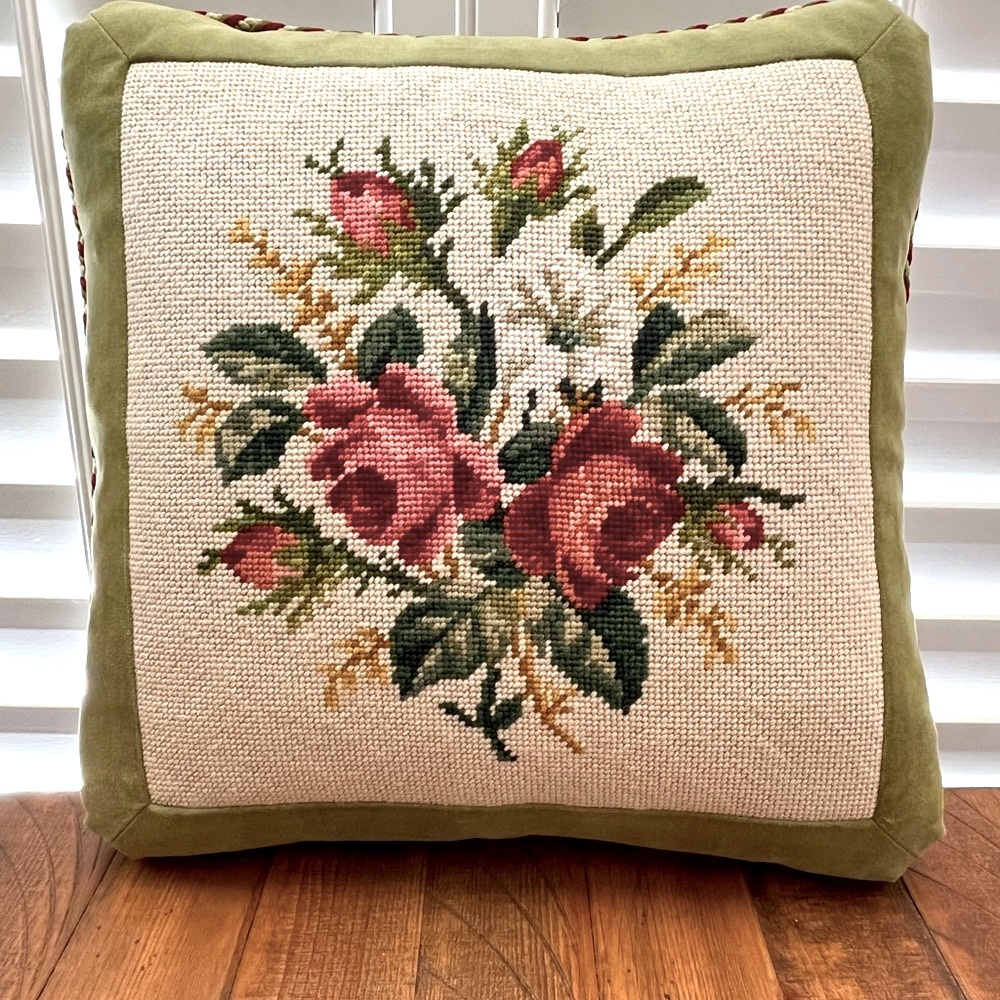 Needlepoint pillow deep red roses w/cream wool bkgrnd finished in green velvet
